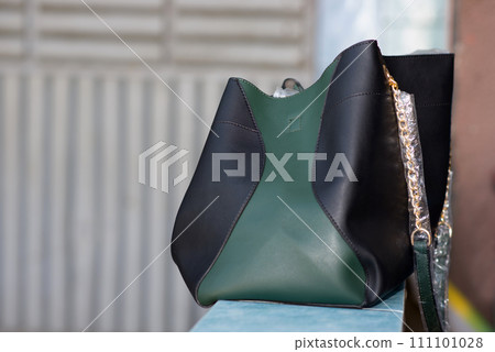 handbag of green and black color placed on tiles near a gray gate handbag of green and black color placed on tiles near a gray gate 111101028