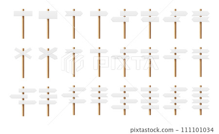 Vector 3D Wooden Sign Post Set. Realistic Blank Signboard on Road, Plywood Pointer, Timber, Wood Texture. Signpost for Pointing Direction, Isolated. Navigation Design Elements, Directional Concepts Vector 3D Wooden Sign Post Set. Realistic Blank Signboard on Road, Plywood Pointer, Timber, Wood Texture. Signpost for Pointing Direction, Isolated. Navigation Design Elements, Directional Concepts 111101034