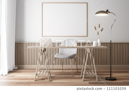 Minimal style empty picture frame made of wood hang on the wall in the working room 3d render 111101039