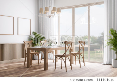 Modern contemporary vintage style dining room with nature view 3d render 111101040