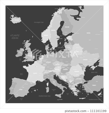 Political map of Europe. Blue colored vector map with capital and important cities of european countries and bodies of water around continent. 111101199