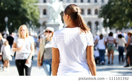 Woman in a white t-shirt walking in a busy urban square 111101392