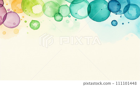 Cluster of colorful watercolor bubbles against a white background with ample space for text. 111101448