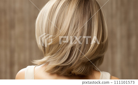 Blonde bob hairstyle with smooth layers and subtle highlights against a soft textured background. 111101573