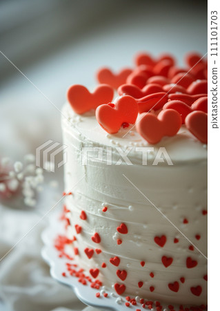 Delicious chocolate cake with adorable tiny red hearts topping 111101703