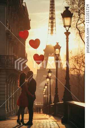 Romantic couple enjoying parisian view with heart-shaped air balloons 111101724