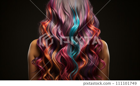 Vibrant cascade of multicolored hair, seamlessly transitioning from red to orange, purple, and teal, set against a dark backdrop Vibrant cascade of multicolored hair, seamlessly transitioning from red to orange, purple, and teal, set against a dark backdrop 111101749
