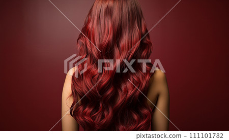 Sultry burgundy waves cascade down, shimmering vibrantly against a matching deep red backdrop, highlighting the hair's depth and elegance 111101782