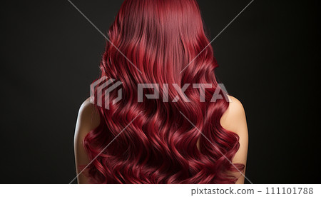 Luxurious cascade of radiant ruby-red hair flows gracefully, reflecting light with its luminous curls against a muted backdrop 111101788
