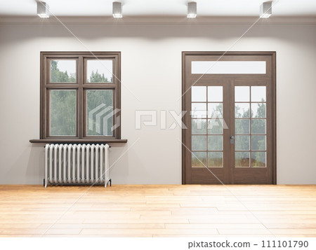 Interior of a room with a window and a radiator Interior of a room with a window and a radiator 111101790