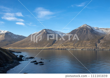 Mountains and a fjord, Hafnarholmi, Iceland 111101839