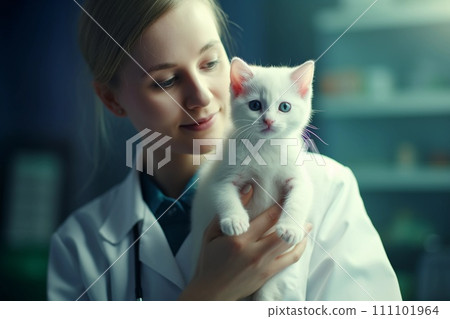 Female veterinarian carefully holding white cute kitten. Medical examining of pets. AI generated. 111101964