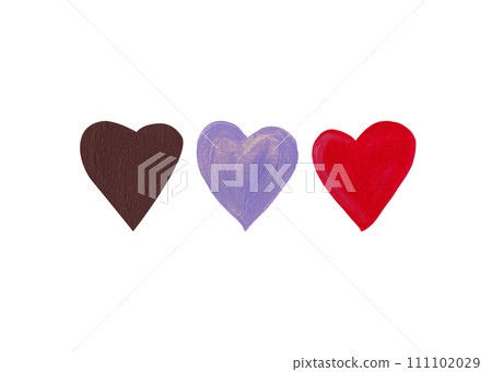 Three hearts made of brown, lavender and scarlet paint. Set of handmade textures. Acrylic elements 111102029