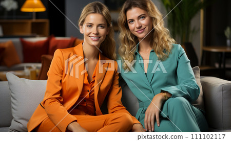 Two stylish women in vibrant orange and teal suits, exuding confidence while seated in a modern living room setting 111102117