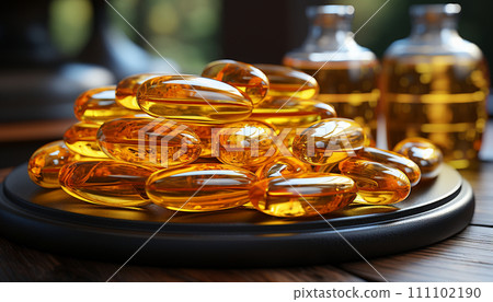 Close-up of luminous Omega-3 fish oil capsules on a sleek tray, with golden oil bottles subtly in the backdrop, bathed in natural light 111102190
