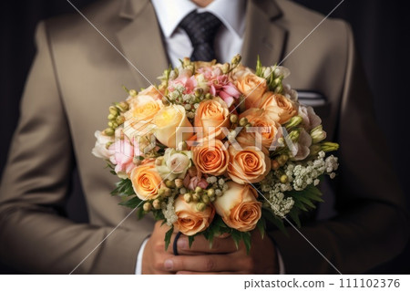 AI-generated content. man hold a bunch of flowers close up 111102376