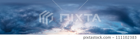 Dramatic Sunset sky 360 panorama. Vibrant sky panorama with bright glowing red pink Cumulus clouds. HDR 360 seamless spherical panorama. Sky dome for aerial drone panoramas. Climate and weather change 111102383