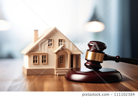 AI-generated content. legal gavel and house model on desk 111102384