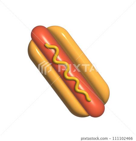 3D Hot Dog in a bun covered in mustard cartoon icon Illustration. 3D Fast Food hotdog concept isolated in cartoon style on white. 111102466