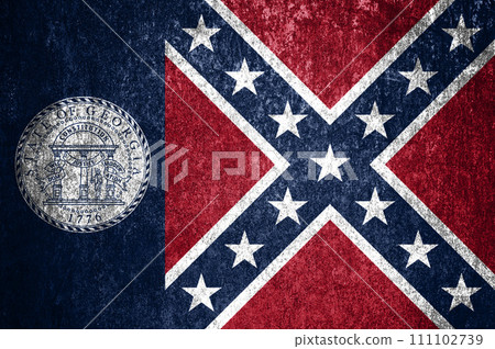 Close-up of the grunge Georgia state flag. Dirty Georgia state flag on a metal surface. 111102739