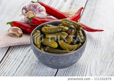 Marinated small cucumbers in the bowl Marinated small cucumbers in the bowl 111102879