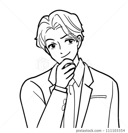 A man in a suit thinking with his hand on his chin A man in a suit thinking with his hand on his chin 111103354