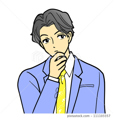 A man in a suit thinking with his hand on his chin A man in a suit thinking with his hand on his chin 111103357