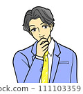 A man in a suit thinking with his hand on his chin 111103359