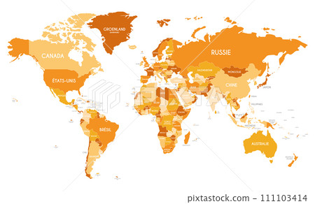 Political World Map vector illustration with different tones of orange for each country and country names in french. Editable and clearly labeled layers. 111103414