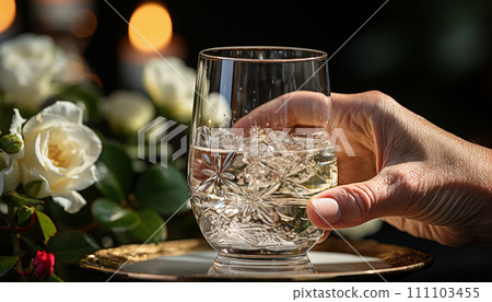 Hand holding a glass of sparkling water on a golden tray, festive background. 111103455