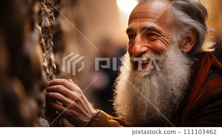 Bearded elderly Jewish man in hat smiling warmly outdoors. Bearded elderly Jewish man in hat smiling warmly outdoors. 111103462