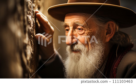 Old Jewish man with a white beard and hat by a textured wall, warm light. 111103463
