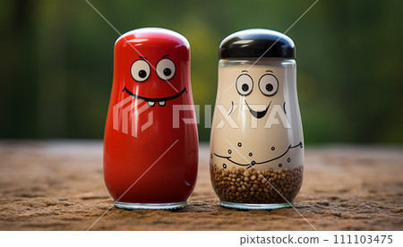 Cheerful salt and pepper shakers with cartoon faces on a table. Cheerful salt and pepper shakers with cartoon faces on a table. 111103475