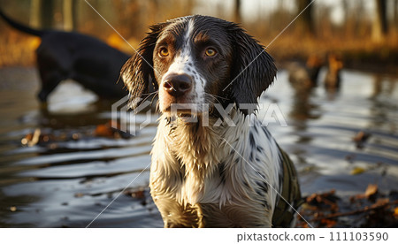 Wet springer spaniel in water during golden hour, companion waiting 111103590