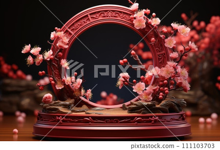 red cylinder podium for products display presentation, Chinese new year, Chinese Festivals, Mid Autumn Festival, poster, greeting card. 111103703