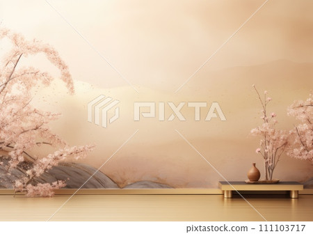Realistic 3D render blank empty pastel pink podium with cherry blossom flower bouquet and blowing white curtain. Beauty products display, Backdrop Realistic 3D render blank empty pastel pink podium with cherry blossom flower bouquet and blowing white curtain. Beauty products display, Backdrop 111103717
