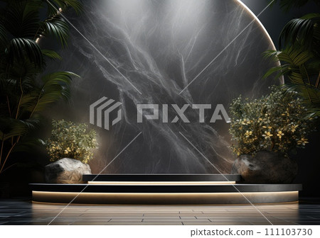 Dark podium, showcase for advertising products and goods. Display with natural stones and green tropical branches. Background for natural cosmetics and branding Dark podium, showcase for advertising products and goods. Display with natural stones and green tropical branches. Background for natural cosmetics and branding 111103730
