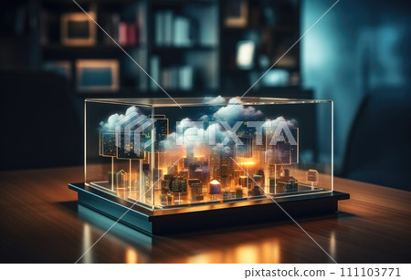 Cloud computing concept. Smart city wireless internet communication with cloud storage, cloud services. Download, upload data on server. 111103771