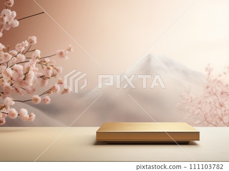 Realistic 3D render blank empty pastel pink podium with cherry blossom flower bouquet and blowing white curtain. Beauty products display, Backdrop Realistic 3D render blank empty pastel pink podium with cherry blossom flower bouquet and blowing white curtain. Beauty products display, Backdrop 111103782