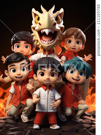 cute of character kids group friends on red chines culture suit of Chinese new year celebration concept with happy and funny cute of character kids group friends on red chines culture suit of Chinese new year celebration concept with happy and funny 111103788