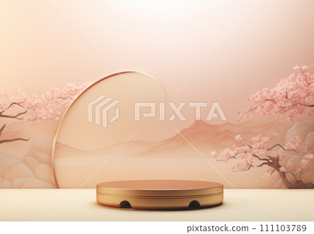 Realistic 3D render blank empty pastel pink podium with cherry blossom flower bouquet and blowing white curtain. Beauty products display, Backdrop Realistic 3D render blank empty pastel pink podium with cherry blossom flower bouquet and blowing white curtain. Beauty products display, Backdrop 111103789