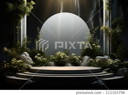 Dark podium, showcase for advertising products and goods. Display with natural stones and green tropical branches. Background for natural cosmetics and branding Dark podium, showcase for advertising products and goods. Display with natural stones and green tropical branches. Background for natural cosmetics and branding 111103796