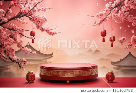 Podium round stage Chinese new year,Chinese Festivals, Mid Autumn Festival , red ,flower and asian elements with craft style on background Podium round stage Chinese new year,Chinese Festivals, Mid Autumn Festival , red ,flower and asian elements with craft style on background 111103798