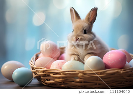 Cute bunny with painted Easter eggs in wicker basket 111104040