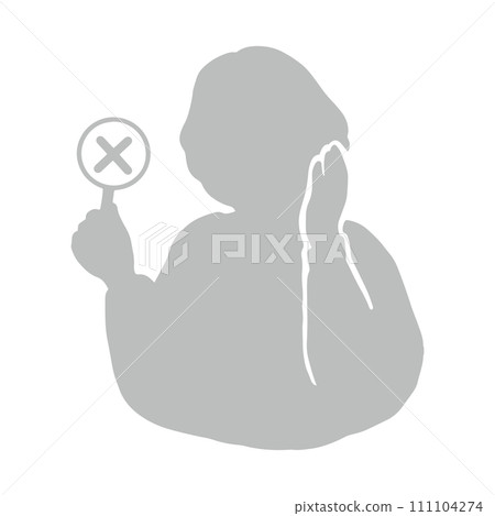 Silhouette illustration of a senior woman putting her hand on her cheek and raising a cross, gray 111104274