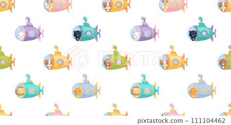 Cute little animals on submarine seamless childish pattern. Funny cartoon animal character for fabric, wrapping, textile, wallpaper, apparel. Vector illustration 111104462