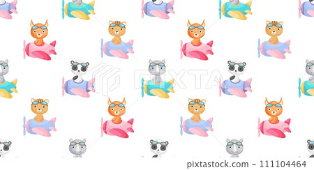 Cute little animals fly on plane seamless childish pattern. Funny cartoon animal character for fabric, wrapping, textile, wallpaper, apparel. Vector illustration Cute little animals fly on plane seamless childish pattern. Funny cartoon animal character for fabric, wrapping, textile, wallpaper, apparel. Vector illustration 111104464