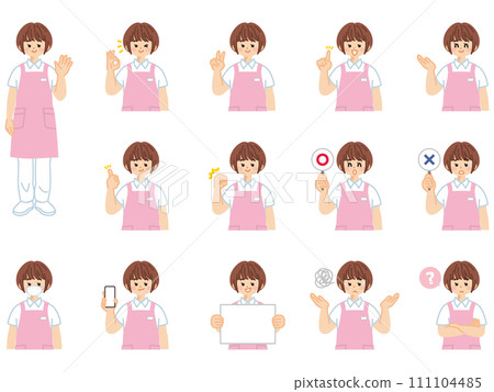 Female caregiver facial expressions and gestures illustration material set 111104485