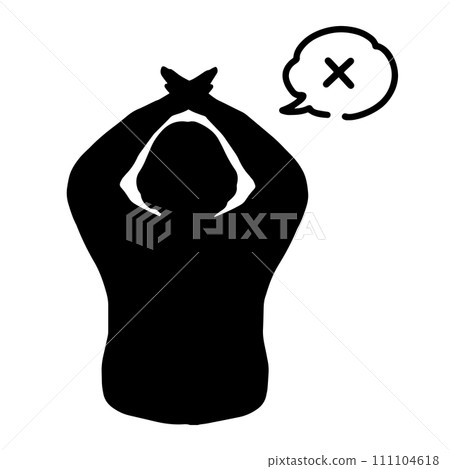 一位高級女性將雙臂舉過肩並做出交叉手勢的剪影插圖，黑色 111104618