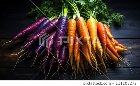 Multicolored carrots, in hues of deep purple and bright orange, with fresh green tops, artistically arranged on a dark wooden surface. 111105272